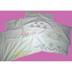 Vintage Hand-Embroidered Pillowcases Floral Bird Motifs White Cotton Lace Trim S